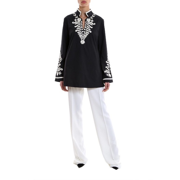 tory burch | embroidered long sleeve tunic top size 8 black v neck white beads - Picture 8 of 10